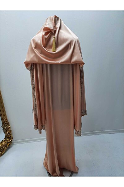 GigiTex Hijab Dubai Stylish and High Quality Satin Jan Jan Stone-Set Salmon Color Abaya Ferace Standard Size 40-44