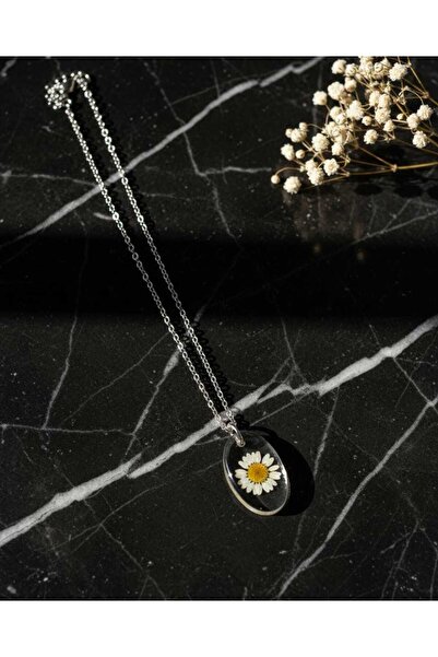 Elzem Özel Epoksi kurutulmuş beyaz papatya oval kolye