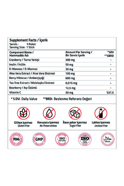 Validus Cranberry + Aloe Vera + Tea Tree + Hibiscus + Bearberry + D-Mannos 15 Stick