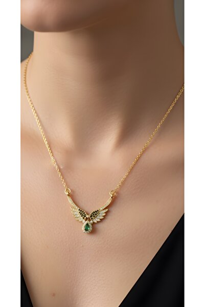 Store Yüzde Yüz Çelik Zincir Zirkon ve Zümrüt Taşlı Altın Kaplama Melek Kanadı Kolye