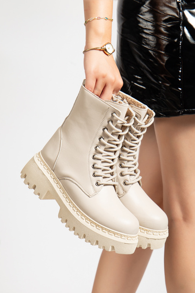 MY GROSS SHOES Kadın İçi Komple Kürklü Su&Soğuha Dayanıklı Kaymaz Taban Garantili Kışlık Bej Bot