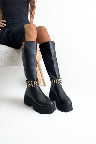 inizio Γυναικείες μπότες μαύρες χοντρή σόλα με αγκράφα P1321