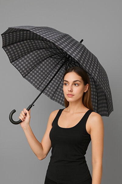 MACERATİ Kaliteli Gri Kareli Desenli Kırılmaz Şemsiye 16 Telli Umbrella