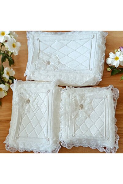 Altın Çeyiz Tekstil 3' lü (Büyük, Orta, Küçük) Fransız Güpürlü Kadife Gelin Hurç'u Bohçası Çeyizlik Söz Nişan Hurç'u