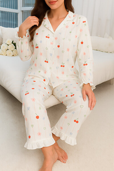 ELİTOL Çiçek Desenli Bürümcük Örme Uzun Kol Kadın Düğmeli Pijama Takımı