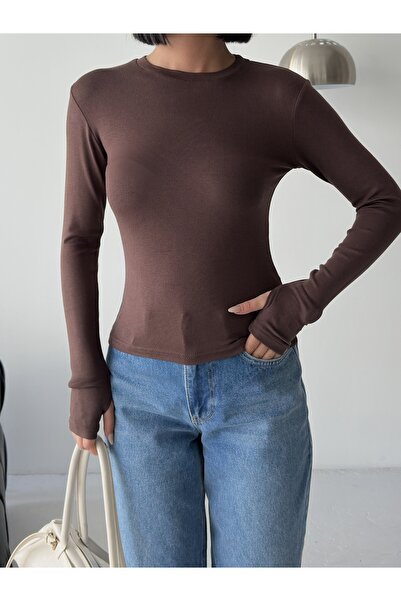 BEJNA Γυναικεία καφέ μπλούζα με λεπτομέρεια με λαιμόκοψη και λεπτομέρεια στα δάχτυλα