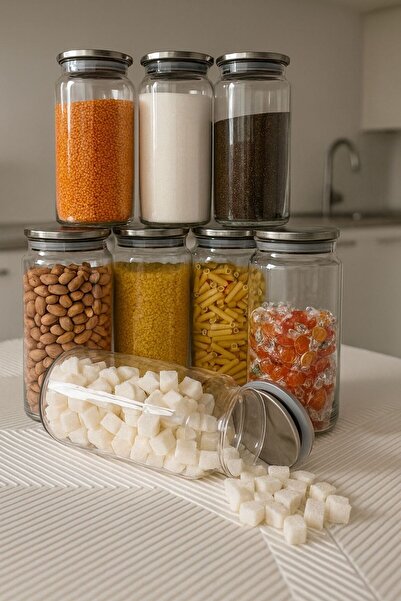 LİNGO HOME 12 Adet 1300 Ml. Vakumlu Metal kapaklı Cam Kavanoz Bakliyatlık Erzak Saklama Kabı