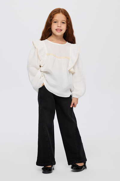 Panço Kız Çocuk Dantel Detaylı Bej Bluz