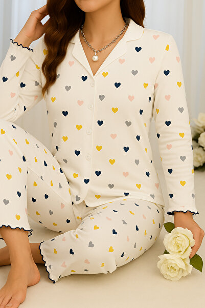 ELİTOL Kalp Desenli Bürümcük Örme Uzun Kol Kadın Düğmeli Pijama Takımı