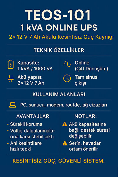 Genel Markalar TEOS+ 1KVA 2x12V 7AH Akülü 1F/1F ONLİNE LCD Ekranlı 4/8 DK UPS 900040339