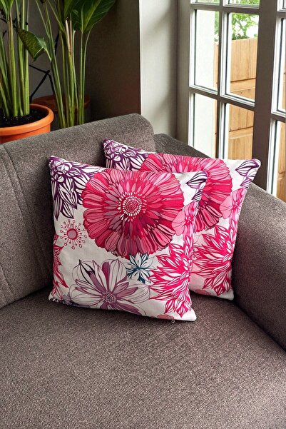 Radora 2 Pieces Pink-Purple Flower Patterned Double Sided Digital Printed Zippered Set of 2 Throw Pillow Covers