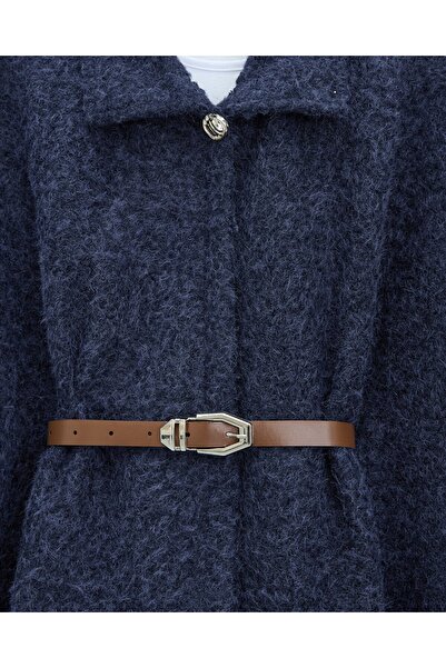 Modamorfo Single Button Belted Bearded Poncho - Navy