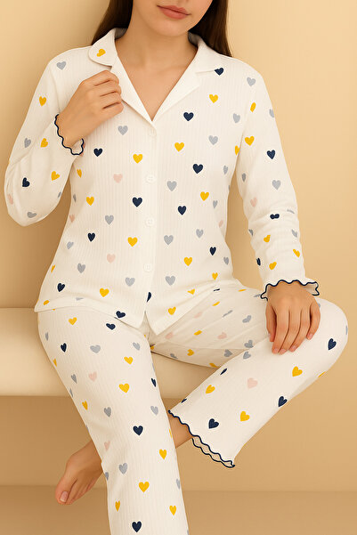 ELİTOL Kalp Desenli Bürümcük Örme Uzun Kol Kadın Düğmeli Pijama Takımı