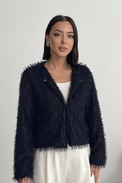 ALFUDO Moda Collection Collarless Imported Tasseled Navy Blue Fur Coat