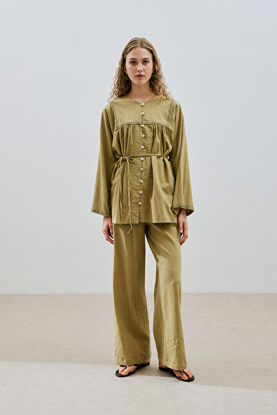 Manuka DOKULU BAĞLAMALI PANTOLON HAKİ