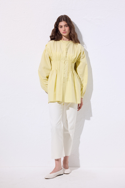Manuka Beli Pile Detail Long Sleeve Bluz Yellow