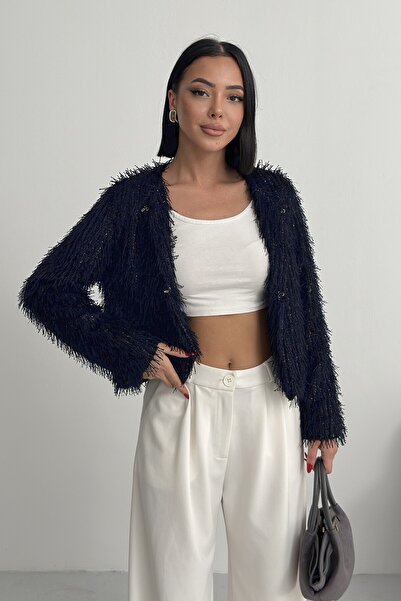 ALFUDO Moda Collection Collarless Imported Tasseled Navy Blue Fur Coat