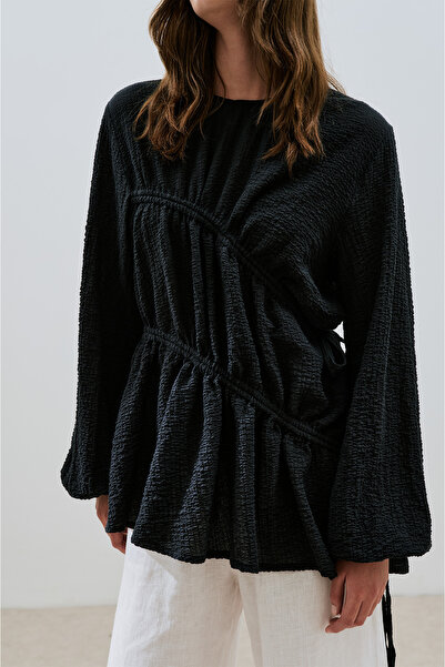 Manuka Textured Tunic with Tie-Up Detail Black
