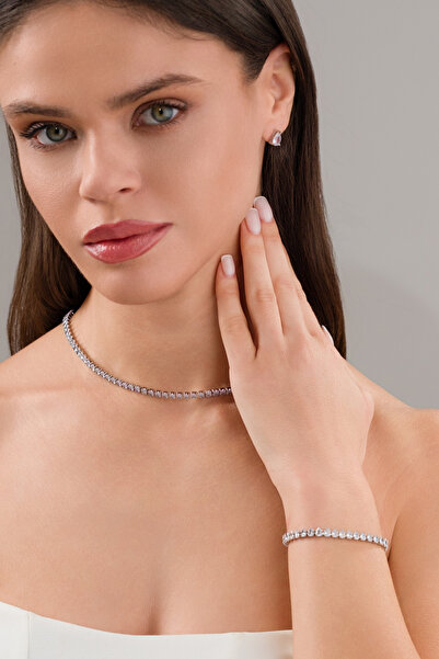 VİYA Elena Zirkon Taşlı Kolye Küpe Bileklik Düğün Seti