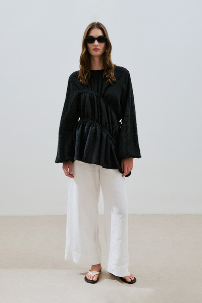 Manuka Textured Tunic with Tie-Up Detail Black