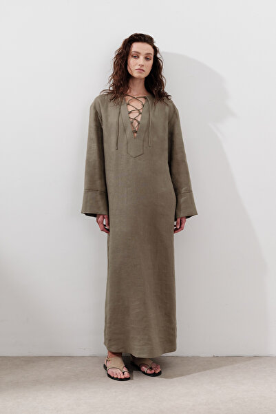 Manuka Linen Binding Detail Dress Khaki