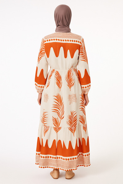 asalya Women's Patterned Orange Cream Comfortable Fit Hijab Dress