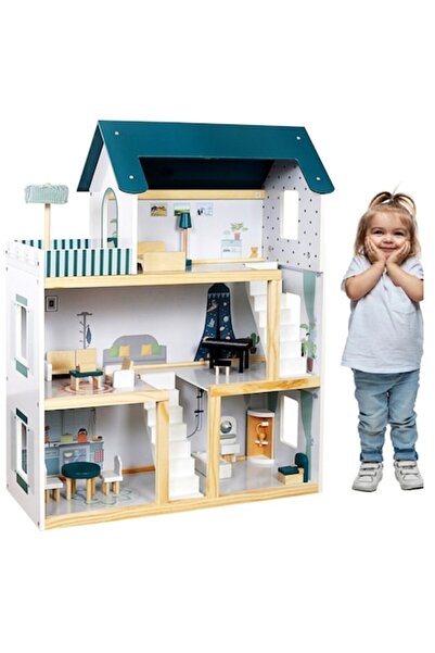 indiggo Casuta de Papusi din Lemn de Calitate, Happy Dream House Indiggo®, 3 Niveluri, 4 Camere, Terasa si