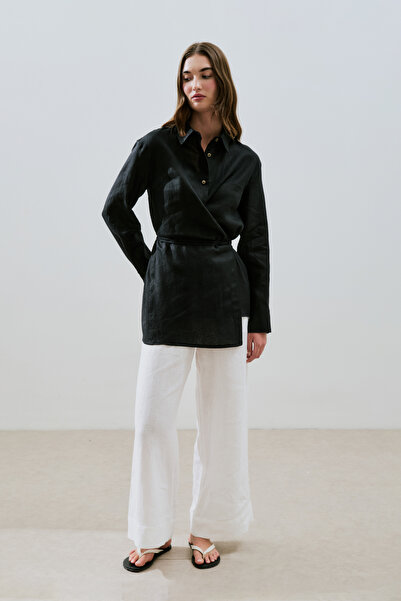 Manuka LEINEN-BINDEN DETAIL SHIRT SCHWARZ