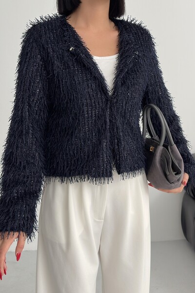 ALFUDO Moda Collection Collarless Imported Tasseled Navy Blue Fur Coat