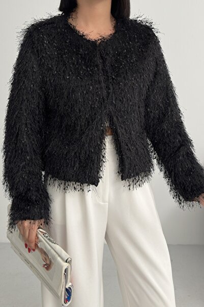 ALFUDO Moda Collection Μαύρο γούνινο παλτό χωρίς γιακά με φούντες