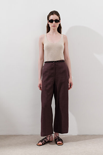 Manuka KETEN GENİŞ PAÇA PANTOLON MÜRDÜM