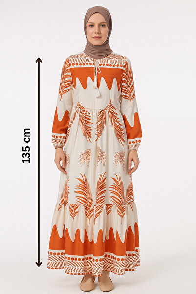 asalya Women's Patterned Orange Cream Comfortable Fit Hijab Dress