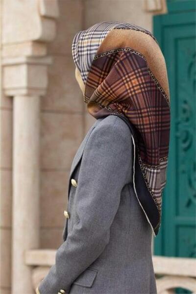 Vissona %100 Twill İpek Ekoseli Geometrik Desenli Kahverengi - Taba Renkli 90...