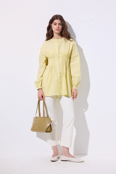 Manuka Beli Pile Detail Long Sleeve Bluz Yellow