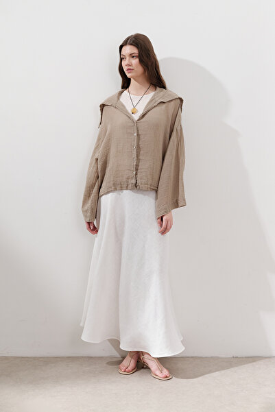 Manuka Linen Mixed Shirt with Wide Collar Khaki