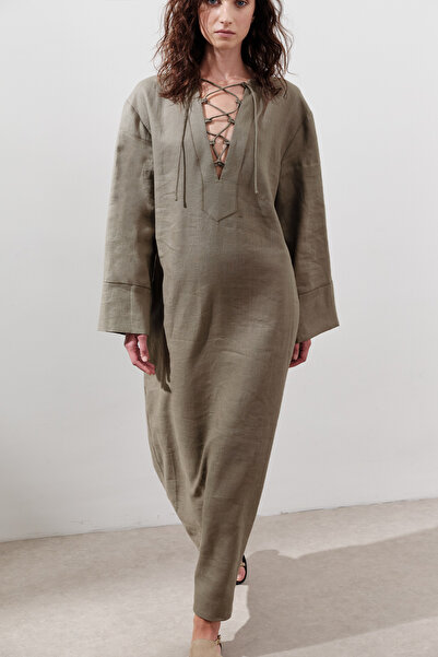 Manuka Linen Binding Detail Dress Khaki