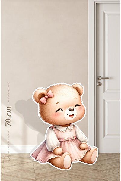 neşeli günlerim دمية دب لطيفة جالسة بفستان وردي - لوحة بطول 70 سم