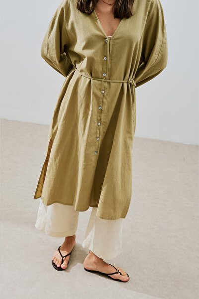 Manuka Textured Buttoned Long Tunic Khaki