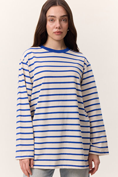 Manuka PRUHOVANÉ OVERSIZE TRIČKO S DLOUHÝM RUKÁVEM MODRÉ