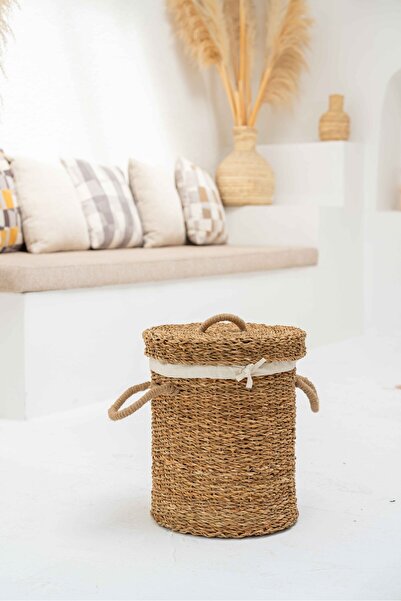 KaiHome Hasır Iç Korumalı Kapaklı Yuvarlak Küçük Model Çamaşır Sepeti