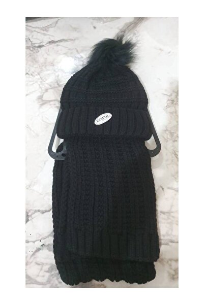EDWOL Women's 2-Piece Double Scarf Beanie Set Braided Black