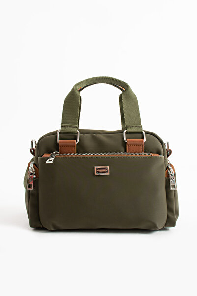 Sanmorris Women's Multi-Compartment Adjustable Crossbody Khaki Satin Hand and Shoulder Bag