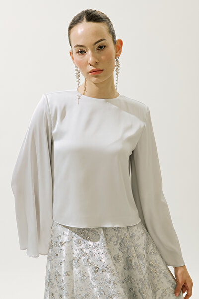 Manuka Satin Wide Sleeve Bluz Blue