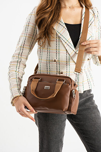 Sanmorris Women's Multi-Compartment Adjustable Crossbody Strap Tan Matte Hand and Shoulder Bag
