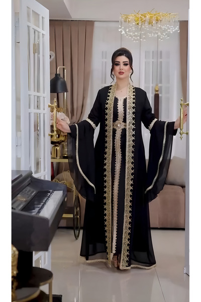 NHMODA Geniş kollu, Altın renk işlemeli,Kemer detaylı,Yöresel kaftan