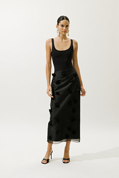 Manuka Flower Applied Pencil Skirt Black