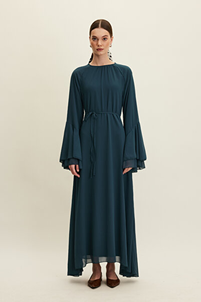 Manuka Rochie cu volan din șifon de culoare petrol