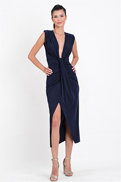 Spazio Onisto Omuz Pileli Önü Derin V Uzun Abiye Elbise LACİVERT