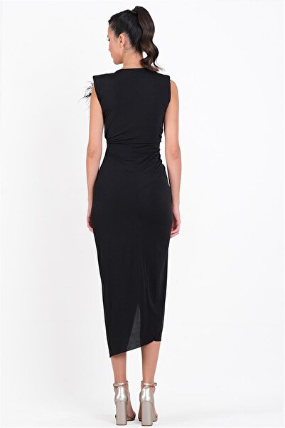 Spazio Onisto Omuz Pileli Önü Derin V Uzun Abiye Elbise SİYAH