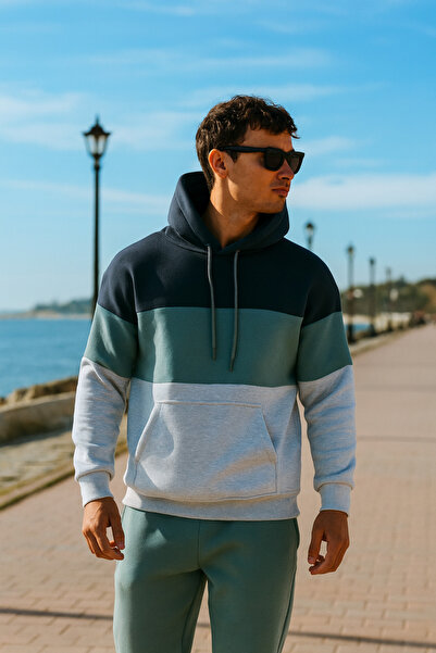 Pobudo Oversize Su Yeşili Renk Füme Şeritli  Kapüşonlu Eşofman Takımı